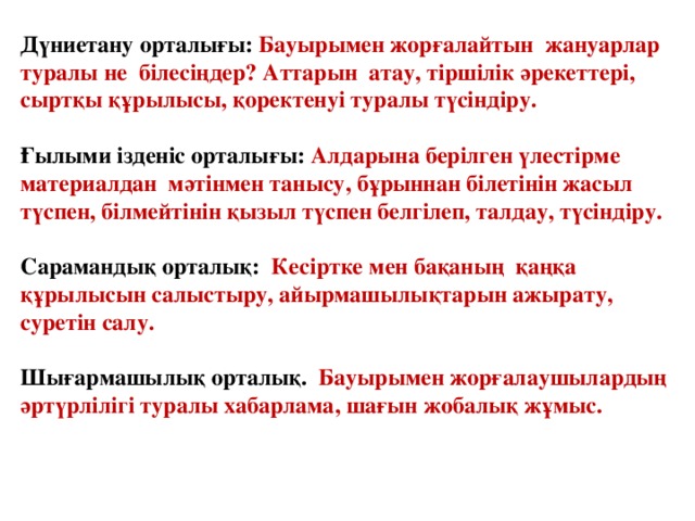 Дүниетану орталығы: Бауырымен жорғалайтын жануарлар туралы не білесіңдер? Аттарын атау, тіршілік әрекеттері, сыртқы құрылысы, қоректенуі туралы түсіндіру.  Ғылыми ізденіс орталығы: Алдарына берілген үлестірме материалдан мәтінмен танысу, бұрыннан білетінін жасыл түспен, білмейтінін қызыл түспен белгілеп, талдау, түсіндіру.  Сарамандық орталық: Кесіртке мен бақаның қаңқа құрылысын салыстыру, айырмашылықтарын ажырату, суретін салу.  Шығармашылық орталық. Бауырымен жорғалаушылардың әртүрлілігі туралы хабарлама, шағын жобалық жұмыс.