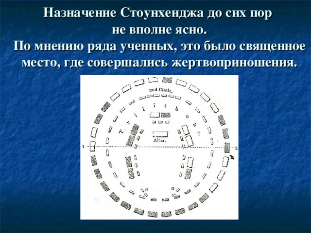 Назначение Стоунхенджа до сих пор  не вполне ясно.  По мнению ряда ученных, это было священное место, где совершались жертвоприношения.