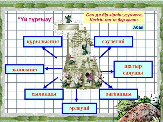 Сен де бір кірпіш дүниеге, Кетігін тап та бар қалан. “ Үй тұрғызу”  Абай сәулетші құрылысшы шатыр салушы экономист бағбаншы сылақшы әрлеуші