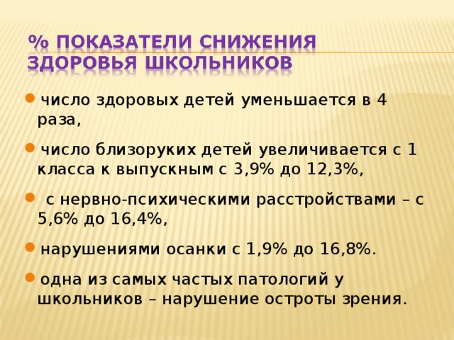 число здоровых детей уменьшается в 4 раза, число близоруких детей увеличивается с 1 класса к выпускным с 3,9% до 12,3%,  с нервно-психическими расстройствами – с 5,6% до 16,4%, нарушениями осанки с 1,9% до 16,8%. одна из самых частых патологий у школьников – нарушение остроты зрения.