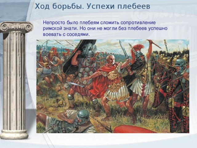 Ход борьбы. Успехи плебеев Непросто было плебеям сломить сопротивление римской знати. Но они не могли без плебеев успешно воевать с соседями.