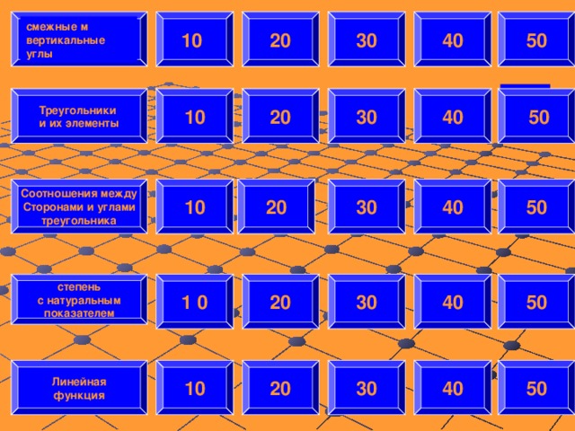 10 20 30 40 50 смежные м вертикальные углы Треугольники и их элементы 20 30 40  50 10 Соотношения между Сторонами и углами треугольника 20 10 30 40 50  степень с натуральным показателем 1 0 20 30 40 50 Линейная функция 30 10 40 20 50