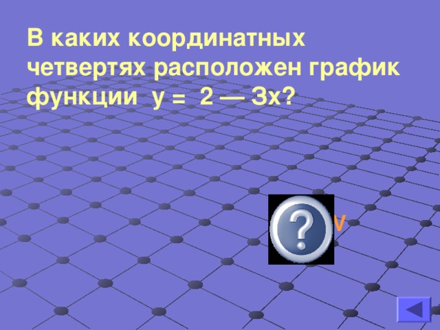 В каких координатных четвертях расположен график функции у = 2 — Зх? I, II и IV