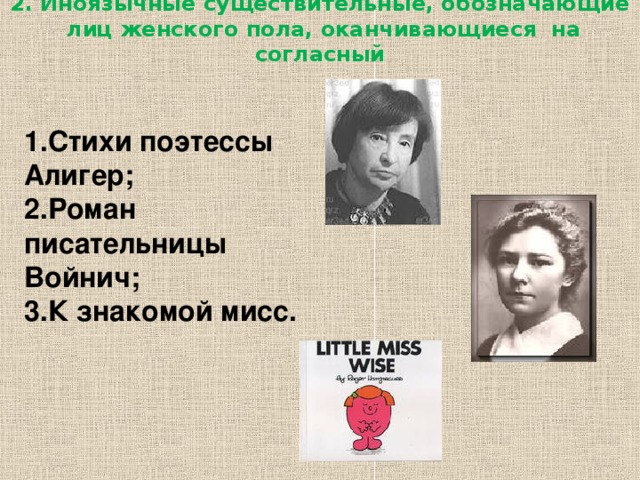 2. Иноязычные существительные, обозначающие лиц женского пола, оканчивающиеся на согласный   1.Стихи поэтессы Алигер; 2.Роман писательницы Войнич; 3.К знакомой мисс.