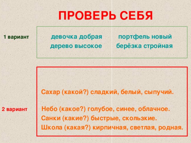 ПРОВЕРЬ СЕБЯ    1 вариант девочка добрая портфель новый  дерево высокое берёзка стройная      Сахар (какой?) сладкий, белый, сыпучий. 2 вариант  Небо (какое?) голубое, синее, облачное.  Санки (какие?) быстрые, скользкие.  Школа (какая?) кирпичная, светлая, родная.