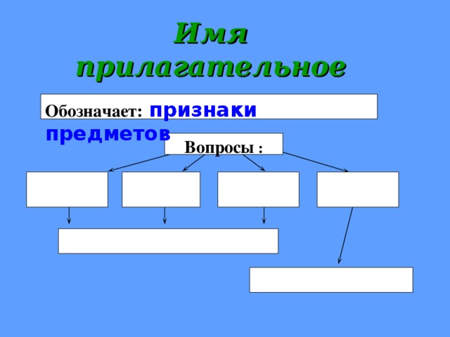 Имя  прилагательное Обозначает:  признаки предметов Вопросы :