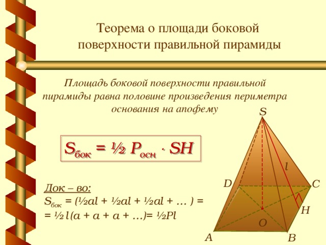 Теорема о площади боковой  поверхности правильной пирамиды Площадь боковой поверхности правильной пирамиды равна половине произведения периметра основания на апофему S S бок = ½ P осн    SH l  D С Док – во: S бок = (½al  +  ½al  +  ½al + … ) = = ½  l  (a  +  a  +  a + …)= ½Pl  Н О А В