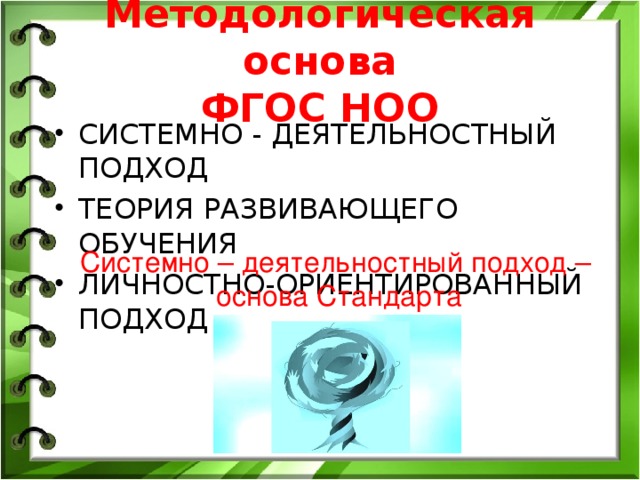 Методологическая основа  ФГОС НОО СИСТЕМНО - ДЕЯТЕЛЬНОСТНЫЙ ПОДХОД ТЕОРИЯ РАЗВИВАЮЩЕГО ОБУЧЕНИЯ ЛИЧНОСТНО-ОРИЕНТИРОВАННЫЙ ПОДХОД   Системно – деятельностный подход – основа Стандарта