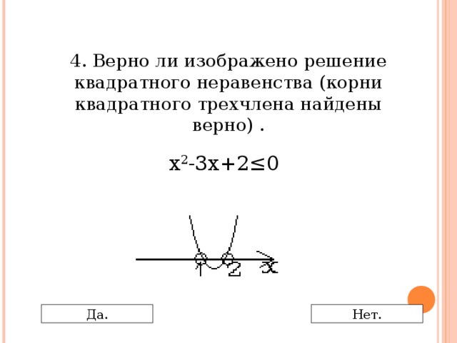 4. Верно ли изображено решение квадратного неравенства (корни квадратного трехчлена найдены верно) . х 2 -3х+2≤0 Да. Нет.