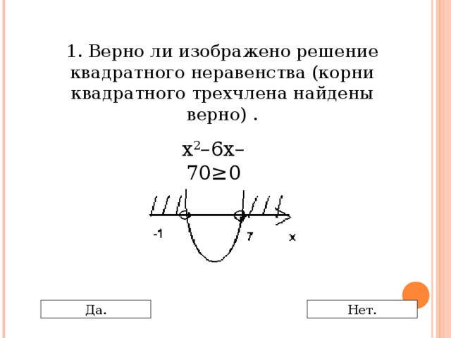 1. Верно ли изображено решение квадратного неравенства (корни квадратного трехчлена найдены верно) . x 2 – 6x – 70≥ 0 Да. Нет.