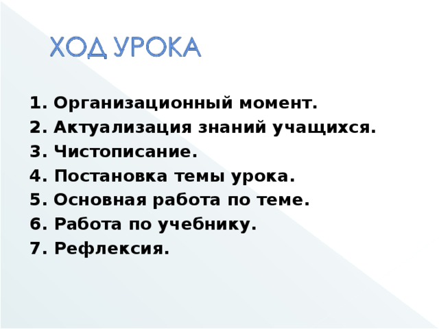 1. Организационный момент. 2. Актуализация знаний учащихся. 3. Чистописание. 4. Постановка темы урока. 5. Основная работа по теме. 6. Работа по учебнику. 7. Рефлексия.