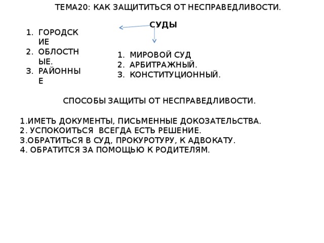 ТЕМА20: КАК ЗАЩИТИТЬСЯ ОТ НЕСПРАВЕДЛИВОСТИ. СУДЫ ГОРОДСКИЕ ОБЛОСТНЫЕ. РАЙОННЫЕ МИРОВОЙ СУД АРБИТРАЖНЫЙ. КОНСТИТУЦИОННЫЙ. СПОСОБЫ ЗАЩИТЫ ОТ НЕСПРАВЕДЛИВОСТИ. 1.ИМЕТЬ ДОКУМЕНТЫ, ПИСЬМЕННЫЕ ДОКОЗАТЕЛЬСТВА. 2. УСПОКОИТЬСЯ ВСЕГДА ЕСТЬ РЕШЕНИЕ. 3.ОБРАТИТЬСЯ В СУД, ПРОКУРОТУРУ, К АДВОКАТУ. 4. ОБРАТИТСЯ ЗА ПОМОЩЬЮ К РОДИТЕЛЯМ.