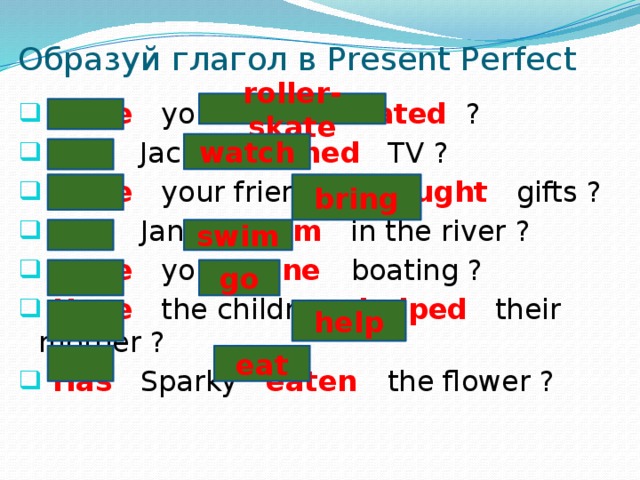 Образуй глагол в Present Perfect roller-skate  Have you roller-skated ?  Has Jack watched TV ?  Have your friends brought gifts ?  Has Jane swum in the river ?  Have you gone boating ?  Have the children helped their mother ?  Has Sparky eaten the flower ? watch bring swim go help eat
