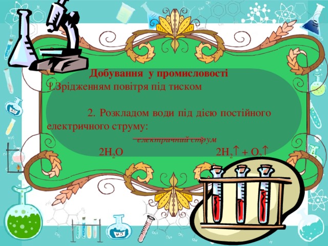 Добування  у промисловості Зрідженням повітря під тиском     2. Розкладом води під дією постійного електричного струму:  електричний струм  2H 2 O 2 H 2  + О 2 