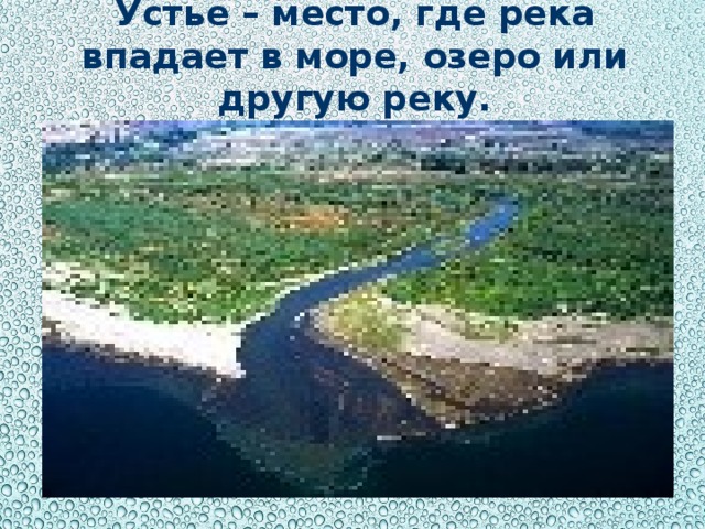 Устье – место, где река впадает в море, озеро или другую реку.