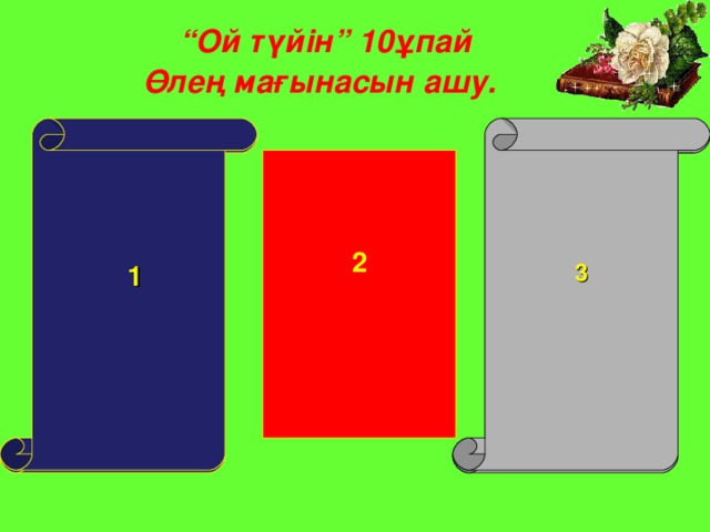 “ Ой түйін” 10ұпай  Өлең мағынасын ашу.     1    3  Араз бол кедей болсаң ұрлықпенен, Телмірме еш адамға мұңдықпенен! Азған елдің молдасы Үлкен болар сәлдесі. Аса бауыр қылмаңыз, Оның рас емес Алласы. Өнер-білім бар жұрттар, Тастан сарай салғызды. Айшылық алыс жерлерден, Жылдам хабар алғызды.   2