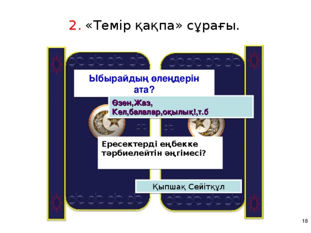 2 . «Темір қақпа» сұрағы. Ыбырайдың өлеңдерін ата? Өзен,Жаз, Кел,балалар,оқылық!,т.б Ересектерді еңбекке тәрбиелейтін әңгімесі?  Қыпшақ Сейітқұл 16