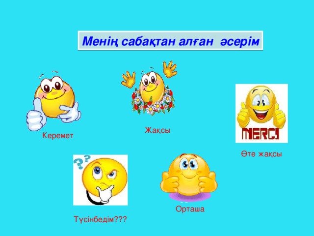 Менің сабақтан алған әсерім Жақсы Керемет Өте жақсы Орташа Түсінбедім???