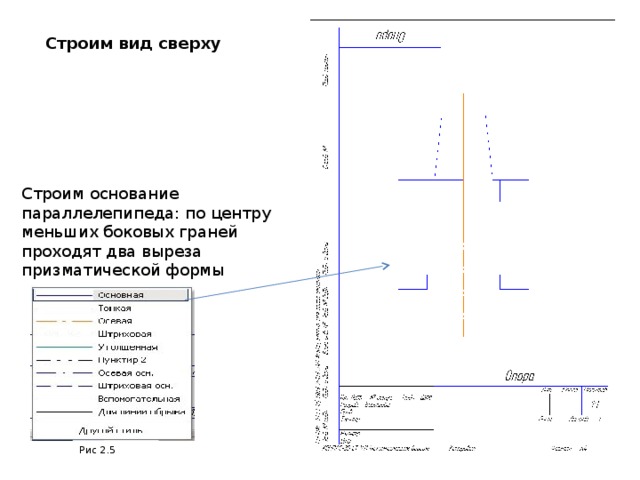 Строим вид сверху Строим основание параллелепипеда: по центру меньших боковых граней проходят два выреза призматической формы Рис 2.5