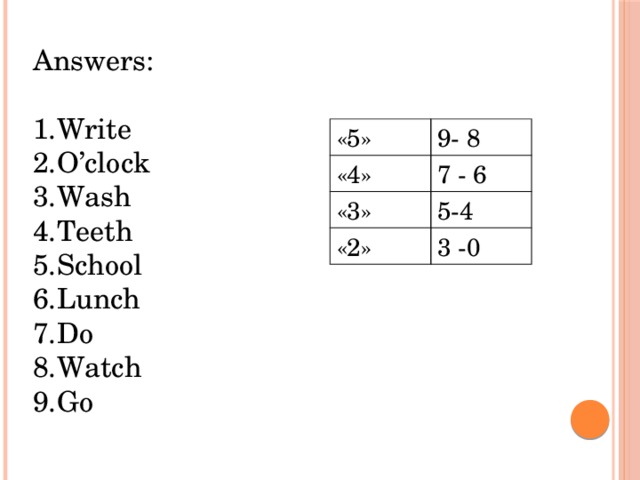 Answers: Write O’clock Wash Teeth School Lunch Do Watch Go «5» 9- 8 «4» 7 - 6 «3» 5-4 «2» 3 -0