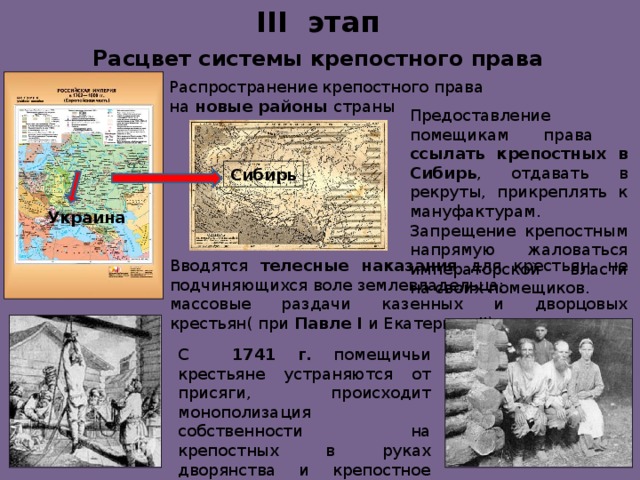 III этап Расцвет системы крепостного права Распространение крепостного права на новые районы страны Предоставление помещикам права ссылать крепостных в Сибирь , отдавать в рекруты, прикреплять к мануфактурам. Запрещение крепостным напрямую жаловаться императорской власти на своих помещиков. Сибирь Украина Вводятся телесные наказания для крестьян, не подчиняющихся воле землевладельца; массовые раздачи казенных и дворцовых крестьян( при Павле I и Екатерине II ) С 1741 г. помещичьи крестьяне устраняются от присяги, происходит монополизация собственности на крепостных в руках дворянства и крепостное право распространяется на все разряды тяглого населения.