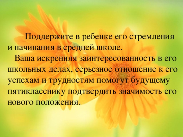 Поддержите в ребенке его стремления и начинания в средней школе.  Ваша искренняя заинтересованность в его школьных делах, серьезное отношение к его успехам и трудностям помогут будущему пятикласснику подтвердить значимость его нового положения .