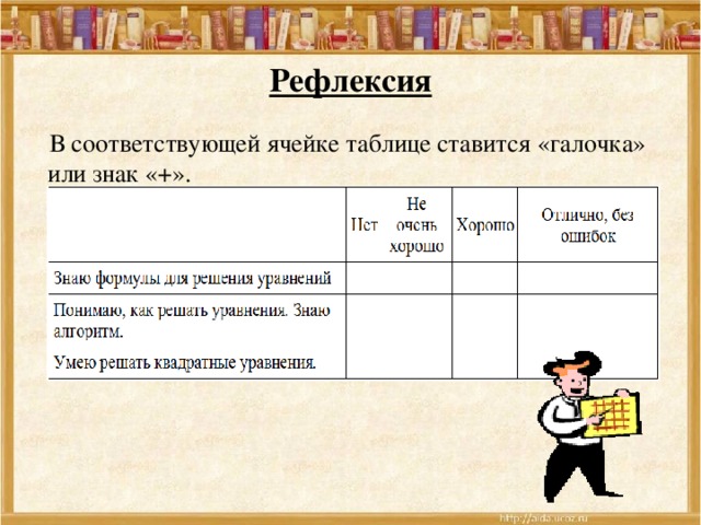 Рефлексия В соответствующей ячейке таблице ставится «галочка» или знак «+».