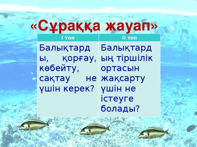 «Сұраққа жауап»  І топ ІІ топ Балықтарды, қорғау, көбейту, сақтау не үшін керек? Балықтардың тіршілік ортасын жақсарту үшін не істеуге болады?