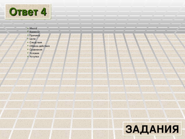 Ответ 4 Места Времени Причины Цели Следствия Образа действия Сравнения Условия Уступки ЗАДАНИЯ