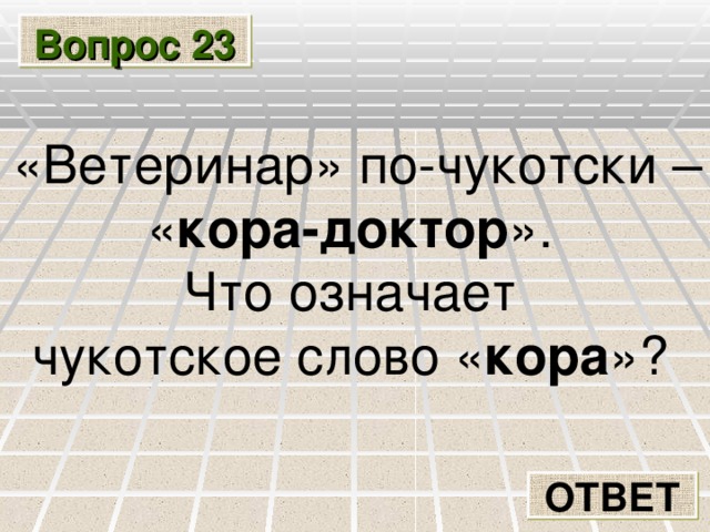 Вопрос 23 «Ветеринар» по-чукотски – « кора-доктор ». Что означает чукотское слово « кора »? ОТВЕТ