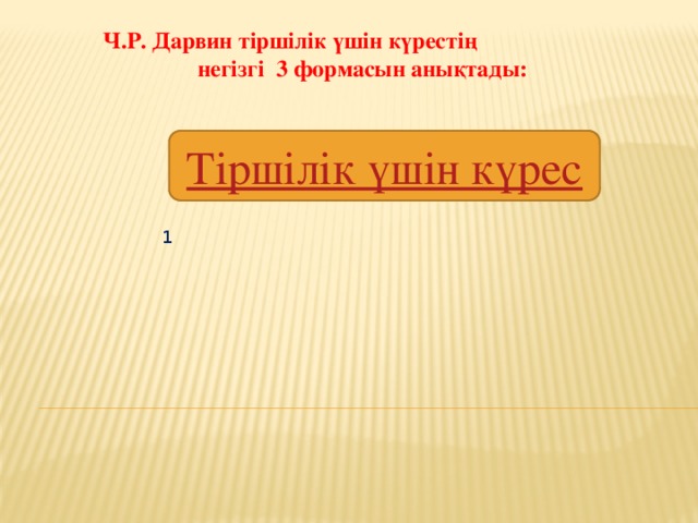 Ч.Р. Дарвин тіршілік үшін күрестің негізгі 3 формасын анықтады:  1 2 3