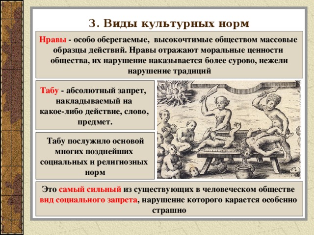 3. Виды культурных норм Нравы - особо оберегаемые, высокочтимые обществом массовые образцы действий. Нравы отражают моральные ценности общества, их нарушение наказывается более сурово, нежели нарушение традиций Табу - абсолютный запрет, накладываемый на какое-либо действие, слово, предмет. Табу послужило основой многих позднейших социальных и религиозных норм Это самый сильный из существующих в человеческом обществе вид социального запрета , нарушение которого карается особенно страшно