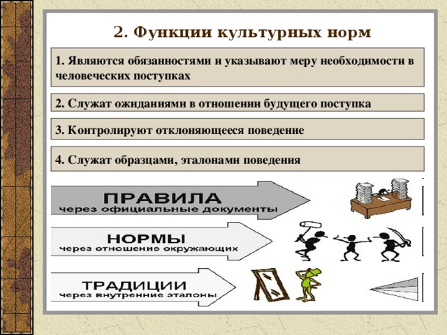 2. Функции культурных норм 1. Являются обязанностями и указывают меру необходимости в человеческих поступках 2. Служат ожиданиями в отношении будущего поступка 3. Контролируют отклоняющееся поведение 4. Служат образцами, эталонами поведения