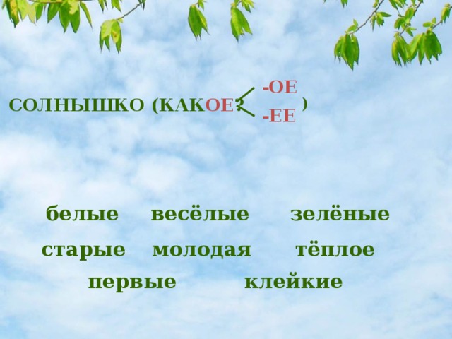 -ОЕ СОЛНЫШКО (КАК ОЕ ? ) -ЕЕ белые весёлые зелёные старые молодая тёплое первые клейкие