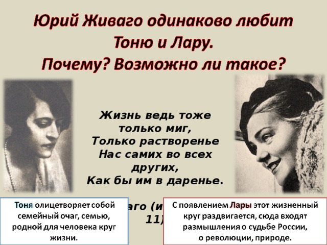 Жизнь ведь тоже только миг,  Только растворенье  Нас самих во всех других,  Как бы им в даренье .  Ю.Живаго (из стих-я № 11) Что значит любовь к женщине в понимании Пастернака? —  Благоговение перед другим человеком. Из стихотворения (№ 11) Ю.Живаго «Свадьба»: Жизнь ведь тоже только миг,  Только растворенье  Нас самих во всех других,  Как бы им в даренье . Интересно, что Юрий Андреевич одинаково любит Тоню и Лару. Почему? Возможно ли такое? —  Тоня олицетворяет собой семейный очаг, семью, родной для человека круг жизни. С появлением Лары этот жизненный круг раздвигается, сюда входят размышления о судьбе России, о революции, природе. Сама Тоня пишет Юрию в письме: “Антонина Александровна убеждала мужа не возвращаться в Москву, а проследовать прямо на Урал за этой удивительной сестрою, шествующей по жизни в сопровождении таких знамений и стечений обстоятельств, с которыми не сравняться её, Тониному, скромному жизненному пути” (ч. 5, гл. 2, с. 142).