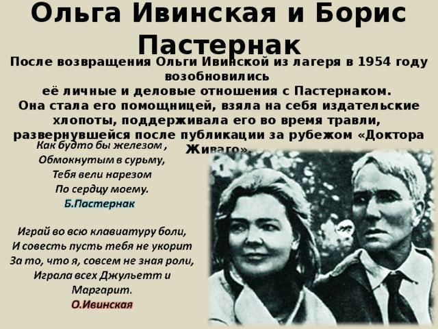 Ольга Ивинская и Борис Пастернак После возвращения Ольги Ивинской из лагеря в 1954 году возобновились её личные и деловые отношения с Пастернаком. Она стала его помощницей, взяла на себя издательские хлопоты, поддерживала его во время травли, развернувшейся после публикации за рубежом «Доктора Живаго». После возвращения О.Ивинской из лагеря в 1954 году возобновились её личные и деловые отношения с Пастернаком. Она стала его помощницей, взяла на себя издательские хлопоты, поддерживала его во время травли, развернувшейся после публикации за рубежом «Доктора Живаго». 2