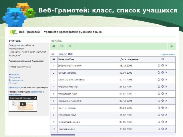Веб-Грамотей: класс, список учащихся