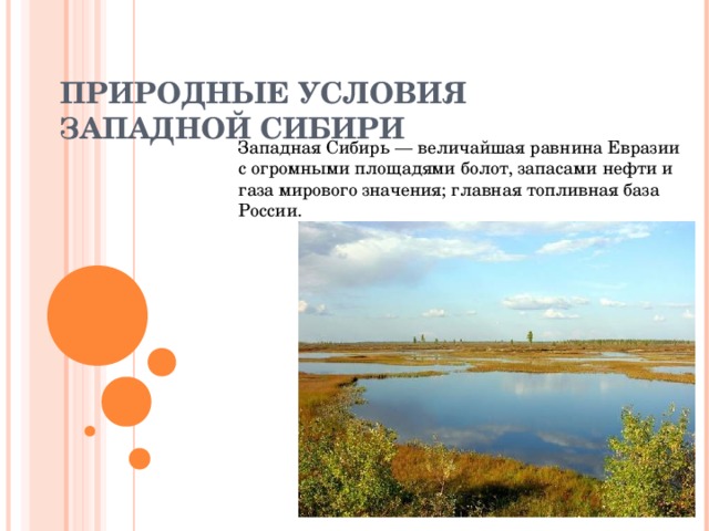 ПРИРОДНЫЕ УСЛОВИЯ ЗАПАДНОЙ СИБИРИ Западная Сибирь — величайшая равнина Евразии с огромными площадями болот, запасами нефти и газа мирового значения; главная топливная база России.