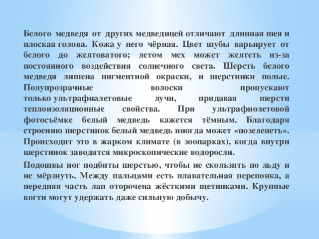 Белого медведя от других медведицей отличают длинная шея и плоская голова. Кожа у него чёрная. Цвет шубы варьирует от белого до желтоватого; летом мех может желтеть из-за постоянного воздействия солнечного света. Шерсть белого медведя лишена пигментной окраски, и шерстинки полые. Полупрозрачные волоски пропускают только ультрафиалетовые лучи, придавая шерсти теплоизоляционные свойства. При ультрафиолетовой фотосъёмке белый медведь кажется тёмным. Благодаря строению шерстинок белый медведь иногда может «позеленеть». Происходит это в жарком климате (в зоопарках), когда внутри шерстинок заводятся микроскопические водоросли. Подошвы ног подбиты шерстью, чтобы не скользить по льду и не мёрзнуть. Между пальцами есть плавательная перепонка, а передняя часть лап оторочена жёсткими щетинками. Крупные когти могут удержать даже сильную добычу.