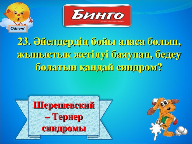 23 . Әйелдердің бойы аласа болып, жыныстық жетілуі баяулап, бедеу болатын қандай синдром? Шерешевский – Тернер синдромы