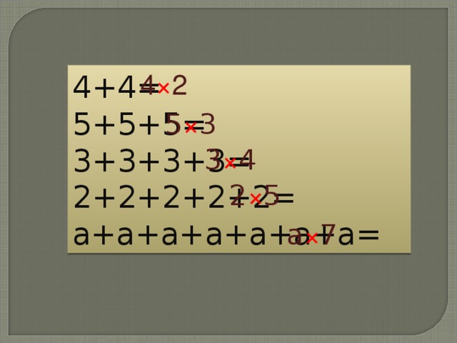 4 × 2 4+4= 5+5+5= 3+3+3+3= 2+2+2+2+2= а+а+а+а+а+а+а= 5 × 3 3 × 4 2 × 5 а × 7