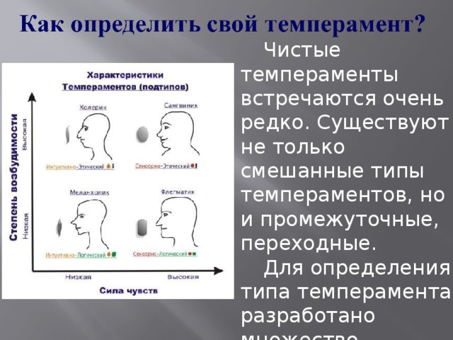 Чистые темпераменты встречаются очень редко. Существуют не только смешанные типы темпераментов, но и промежуточные, переходные.   Для определения типа темперамента разработано множество методик, тестов.