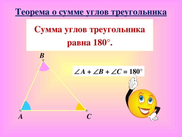 Теорема о сумме углов треугольника Сумма углов треугольника равна 180 ° . B   A +   B  +   C  = 180° C A