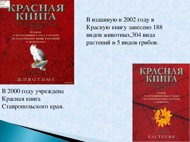 В изданную в 2002 году в Красную книгу занесено 188 видов животных,304 вида растений и 5 видов грибов. В 2000 году учреждена Красная книга Ставропольского края.