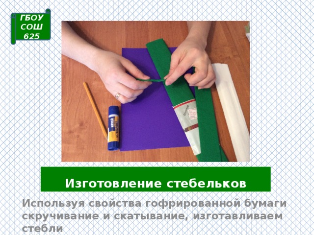 Изготовление стебельков  Из зеленой бумаги нарезаем полоски для стеблей 1,5 х 12 см (количество по желанию)