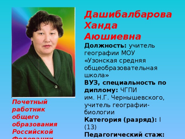 Дашибалбарова Ханда Аюшиевна Должность: учитель географии МОУ «Узонская средняя общеобразовательная школа» ВУЗ, специальность по диплому: ЧГПИ им. Н.Г. Чернышевского, учитель географии-биологии Категория (разряд): I (13) Педагогический стаж: 24 Почетный работник общего образования Российской Федерации