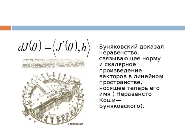 Буняковский доказал неравенство, связывающее норму и скалярное произведение векторов в линейном пространстве, носящее теперь его имя ( Неравенсто Коши—Буняковского).