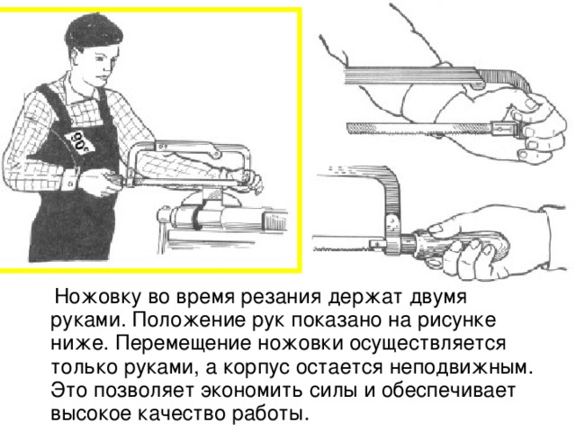 Ножовку во время резания держат двумя руками. Положение рук показано на рисунке ниже. Перемещение ножовки осуществляется только руками, а корпус остается неподвижным. Это позволяет экономить силы и обеспечивает высокое качество работы.