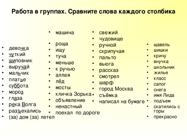 Работа в группах. Сравните слова каждого столбика