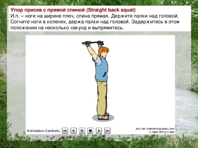 Упор присев с прямой спиной ( Straight back squat ) И.п. – ноги на ширине плеч, спина прямая. Держите палки над головой. Согните ноги в коленях, держа палки над головой. Задержитесь в этом положении на несколько секунд и выпрямитесь.